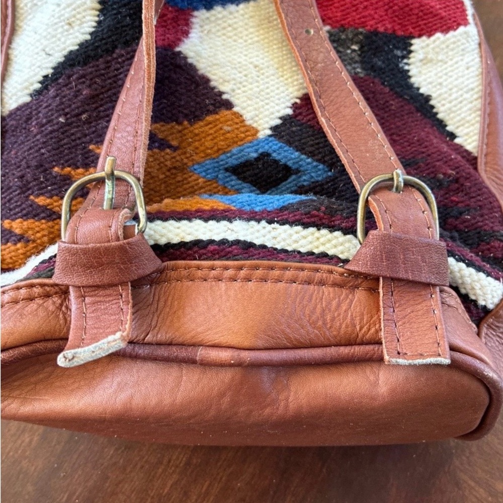 Leather &Woven Woolen Textile Small Backpack Crossbody Bag — Brown, Boho Vintago - Picture 13 of 14